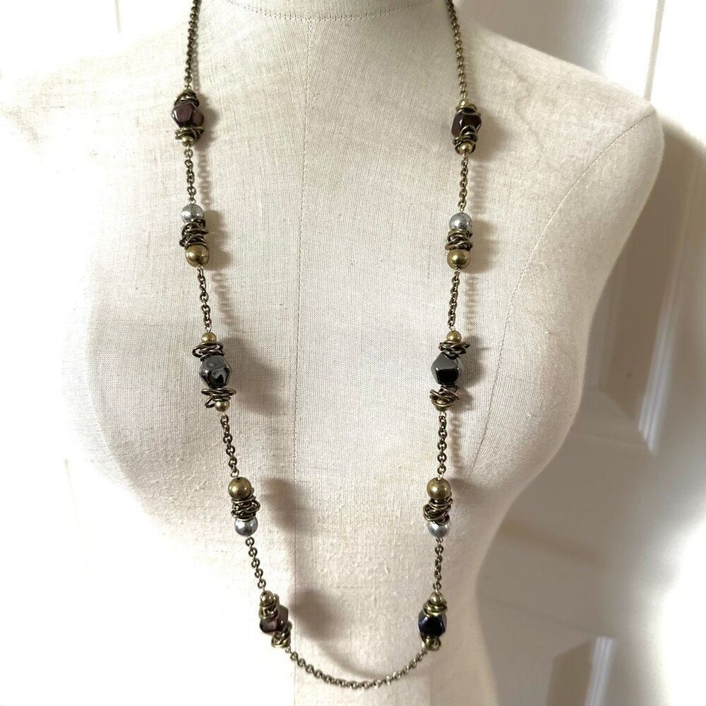 Mixed Metal Beaded Long Chain Necklace